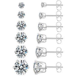 6 Pairs Stainless Steel Stud Earrings Set Hypoallergenic Cubic Zirconia
